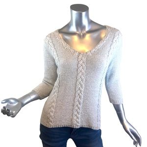 August Silk Top Size Medium Silver Metallic Grey 3/4 Sleeve V Neck Sweater